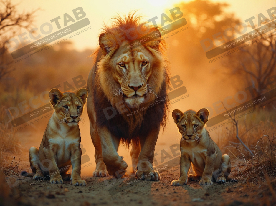 Tableau d'un lion et lionceaux dans la savane