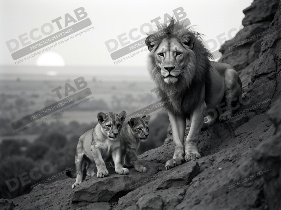 Tableau d'un lion et ses lionceaux dans la savane