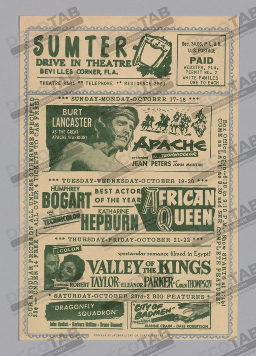 Reproduction Flyer pour le Sumter Drive In Theatre de Sumter Drive In Theatre, American, 1930s - 1986