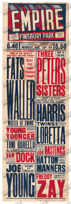 Reproduction Affiche annonçant la performance de Fats Waller à l'Empire Theatre de Finsbury Park de Unidentified