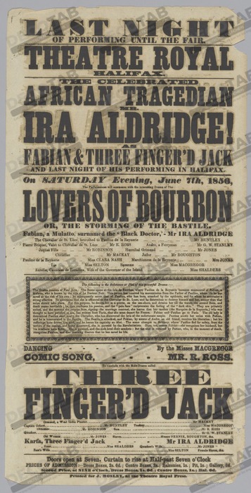Reproduction Affiche de théâtre mettant en vedette Ira Aldridge dans Lovers of Bourbon de Theatre Royal, Halifax, British, 1789 - 1933