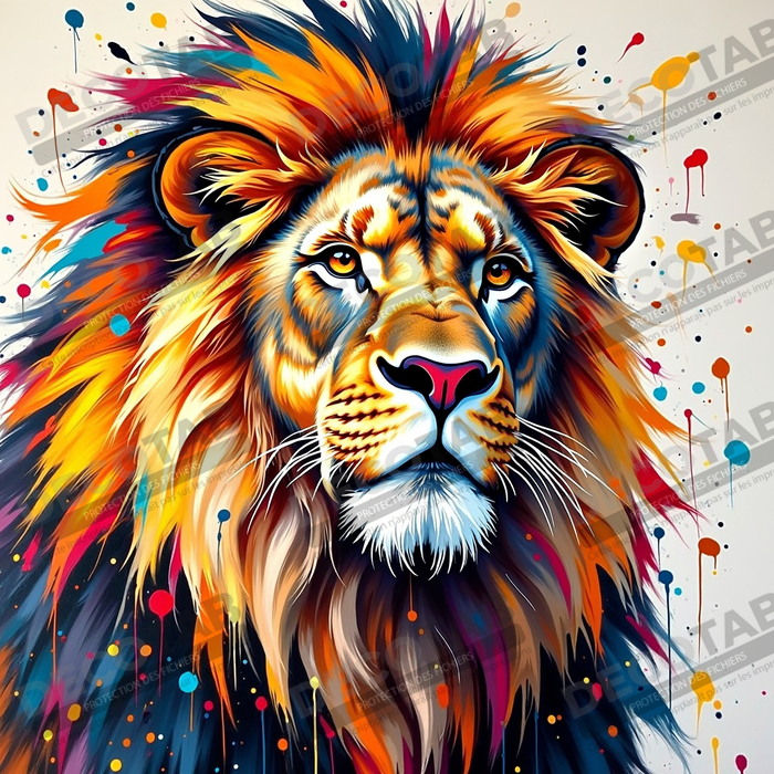 Tableau portrait de lion avec éclats de peinture