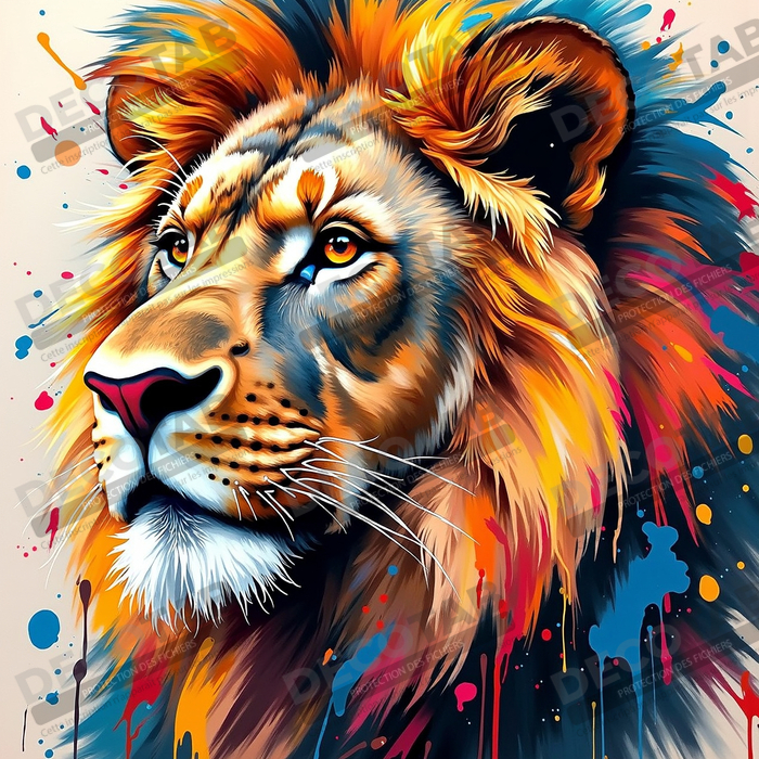 Tableau portrait de lion avec éclats de peinture