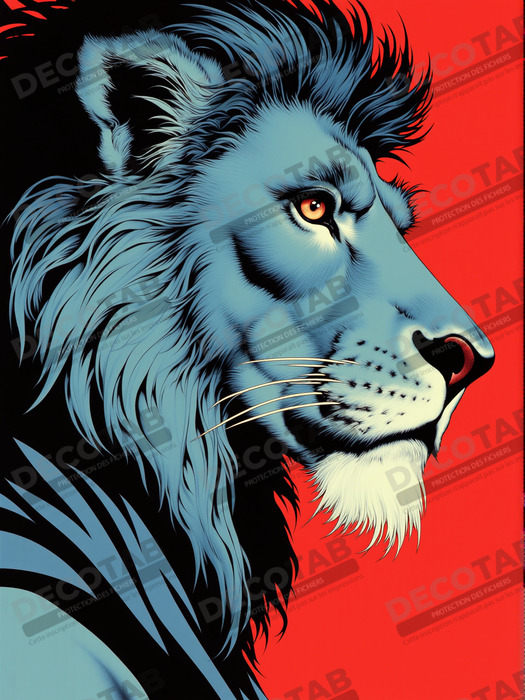 Lion façon BD, dessin bleu sur fond rouge