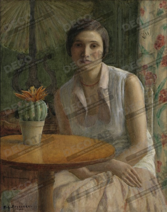 Reproduction Portrait de femme (avec cactus) de Frederick Carl Frieseke, born Owosso, MI 1874-died Le Mesnil-sur-Blangy, France 1939