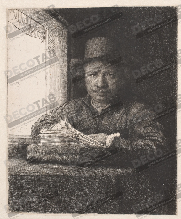 Reproduction Rembrandt dessinant à une fenêtre de Rembrandt van Rijn