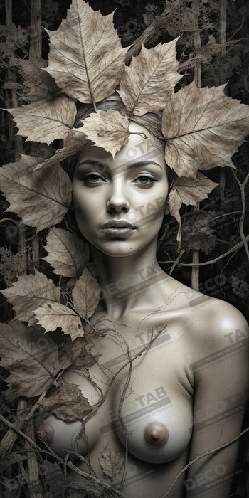 ableau sépia – Portrait féminin mystique aux feuilles séchées | Poster, toile & encadrement