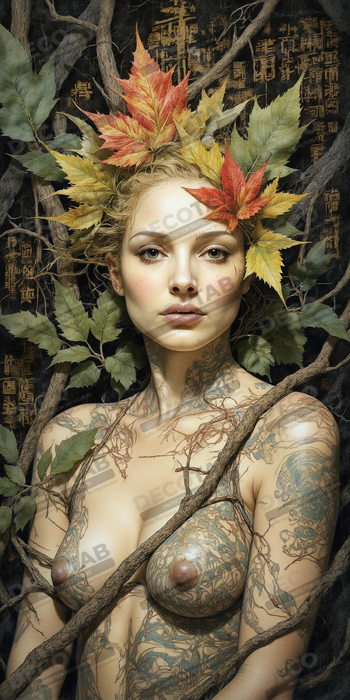 Portrait esprit de la forêt – Tableau mystique automnal & feuilles flamboyantes