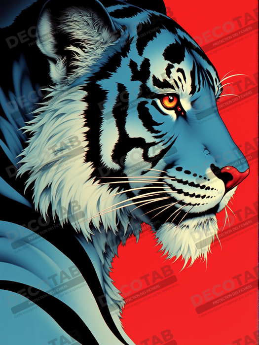 Tigre style BD, bleu sur fond rouge