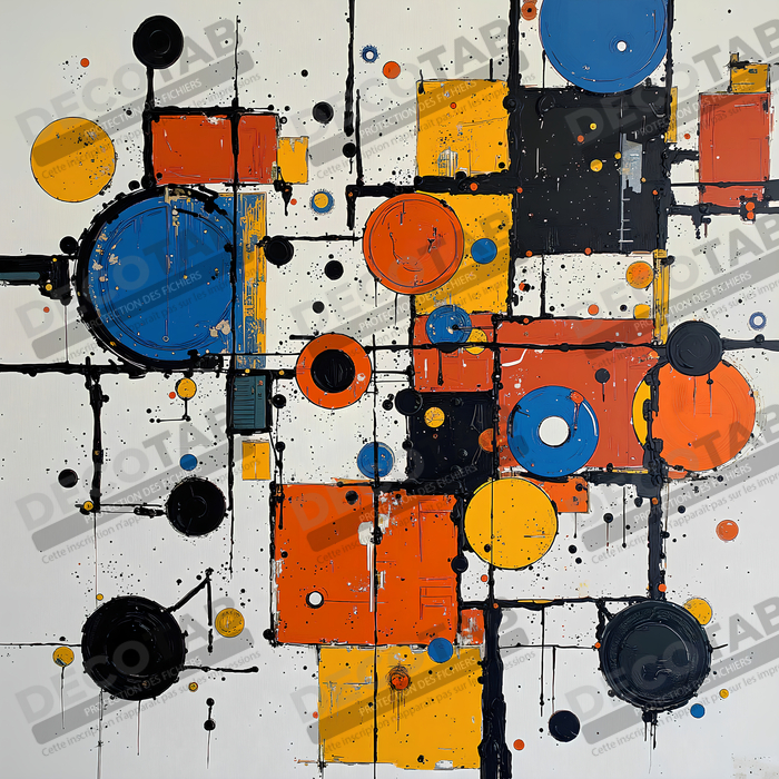Tableau abstrait géométrique rouge, bleu, jaune et blanc