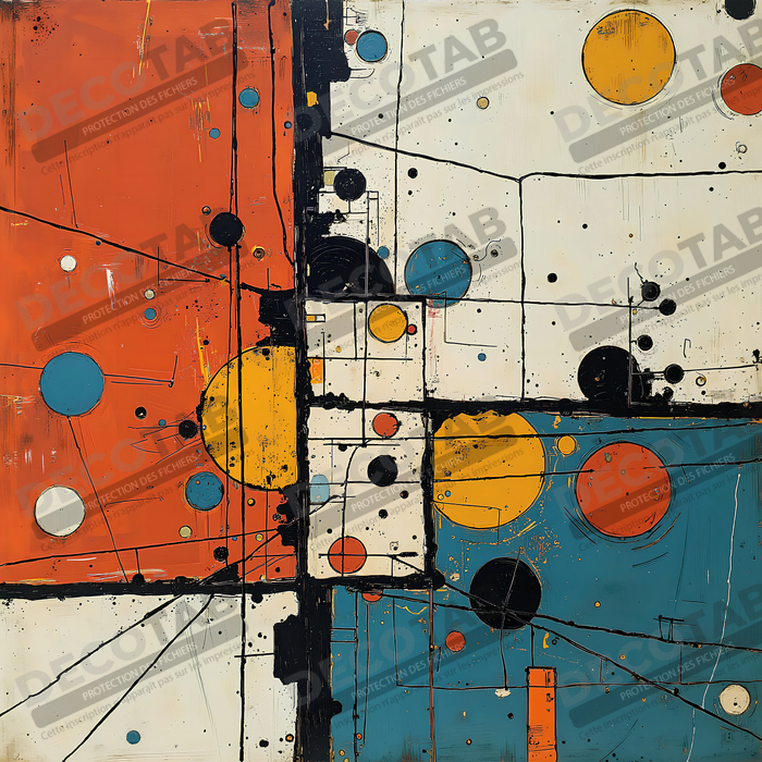 Tableau abstrait géométrique rouge, bleu, jaune et blanc