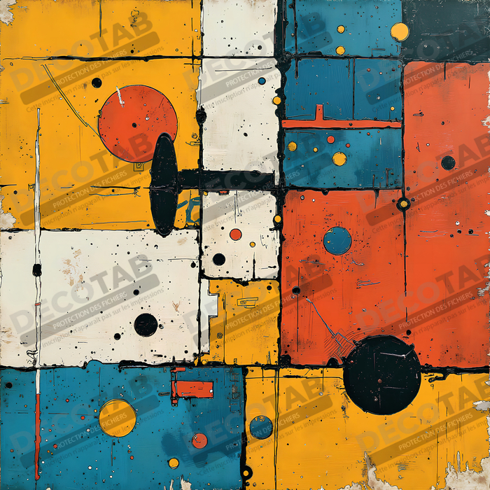 Tableau abstrait géométrique rouge, bleu, jaune et blanc