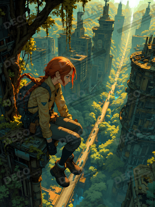 Tableau manga apocalyptique : vue vertigineuse sur ville envahie
