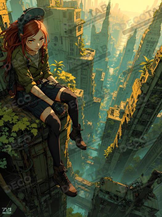 Tableau manga apocalyptique : vue vertigineuse sur ville envahie